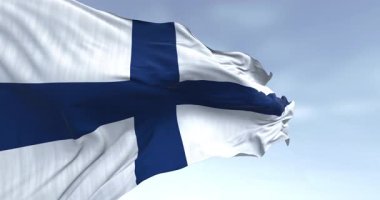 Finlandiya bayrağının rüzgarda dalgalandığı yakın plan. Beyaz arka planda mavi İskandinav haçı. İskandinav ülkesi. Kusursuz 3 boyutlu animasyon. Yavaş çekim döngüsü. Seçici odak