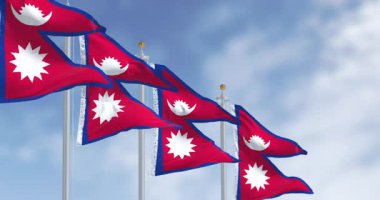 Açık bir günde rüzgârda sallanan Nepal Ulusal bayrakları. Dörtgen olmayan dünyadaki tek ulusal bayrak. Kusursuz 3 boyutlu animasyon. Yavaş çekim döngüsü. Seçici odak