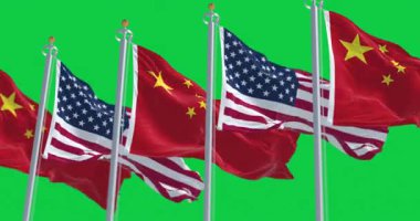 Yeşil arka planda Çin ve Amerikan bayrakları rüzgârda sallanıyor. Kusursuz 3D canlandırma animasyonu. Krom anahtar. Yavaş çekim döngüsü. Yeşil ekran. 4 bin. Seçici odak