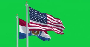 Missouri eyalet bayrağı ve yeşil arka planda izole edilmiş Amerikan bayrağı. 3D canlandırma animasyonu. Krom anahtar. Yavaş çekim döngüsü. Yeşil ekran. 4 bin. Seçici odak