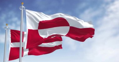 Grönland ve Danimarka 'nın bayrakları açık bir günde rüzgarda sallanıyor. Grönland dünyanın en büyük adasıdır. Kusursuz 3 boyutlu animasyon. Yavaş çekim döngüsü. Seçici odak