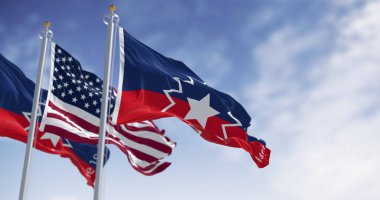 Juneteenth ve Birleşik Devletler bayrağı birlikte sallanıyor. Juneteenth, köleleştirilmiş Afro-Amerikalıların özgürleştirilmesi anısına ABD 'de düzenlenen federal bir bayramdır. 3 boyutlu illüstrasyon. Dalgalı kumaş