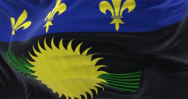 Guadeloupe bayrağının rüzgarda dalgalanan yakın çekimi. Denizaşırı departman ve Fransa bölgesi. Kusursuz 3 boyutlu animasyon. Yavaş çekim döngüsü. Seçici odak