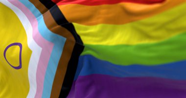 Cinsiyet değiştirme, cinsiyet değiştirme ve POC toplulukları için çeşitliliği temsil eden Cinsiyetler Arası İlerleme Gururu bayrağı. LGBTQ + toplumu için sevgi, eşitlik ve kapsama kavramı. 3B illüstrasyon.