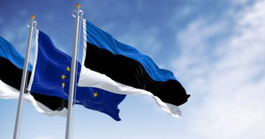 The flags of Estonia and the European Union waving together on a clear day. Estonia became a member of the European Union on May 1, 2004. Realistic 3d illustration. International treaty and diplomacy