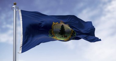 Vermont eyalet bayrağı mavi gökyüzüne bayrak direği sallıyor. 3 Boyutlu Hazırlama.