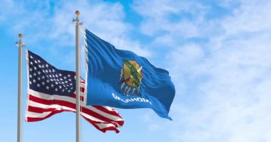 Oklahoma ve ABD bayrakları birlikte dalgalanıyor. Amerikan Yerlisi kökenli devlet ve federal kimlik kavramı. Kusursuz 3 boyutlu animasyon. Yavaş çekim döngüsü. Seçici odak