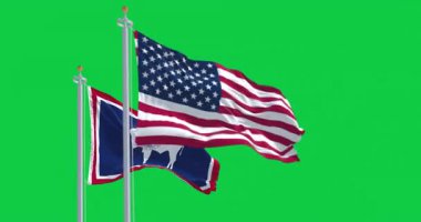 Wyoming eyalet bayrağı ve Amerikan bayrağı yeşil arka planda birlikte dalgalanıyor. 3D canlandırma animasyonu. Krom anahtar. Ağır çekim. Yeşil ekran. 4 bin. Seçici odak