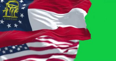 Gürcistan ve Amerika Birleşik Devletleri bayrakları yeşil arka planda yalıtılmış bir şekilde rüzgarda sallanıyor. Kusursuz 3D canlandırma animasyonu. Krom anahtar. Yavaş çekim döngüsü. Yeşil ekran. 4 bin. Seçici odak