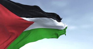 Filistin ulusal bayrağı açık bir günde dalgalanıyor. Solunda kırmızı üçgen olan üç siyah, beyaz, yeşil şerit. Kusursuz 3 boyutlu animasyon. Yavaş çekim döngüsü. Seçici odak