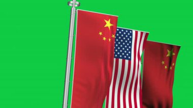 Çin ve ABD bayrakları yeşil arka planda yan yana izole edilmiş. Kusursuz 3D canlandırma animasyonu. Krom anahtar. Yavaş çekim döngüsü. Yeşil ekran. 4 bin. Seçici odak