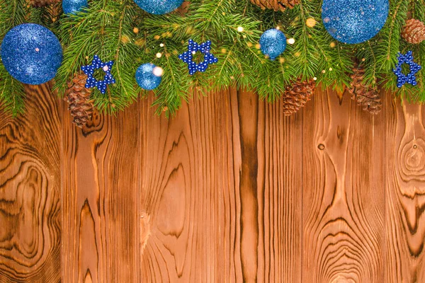 Christmas Wooden Background Fir Branches Cones Blue Ornaments — Stock Photo, Image
