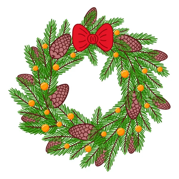 Christmas wreath of spruce branches with cones and a garland