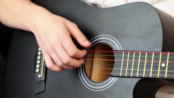 Close Man Hand Playing Black Guitar — Video Stock