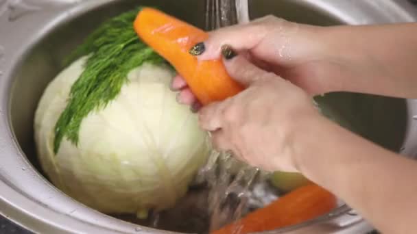 Samičí Ruce Omývají Cibuli Pod Tekoucí Vodou Pozadí Zeleniny — Stock video