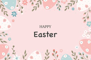 easter card on pink background flowers and eggs