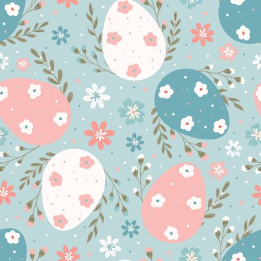 easter seamless pattern on blue background eggs with flowers