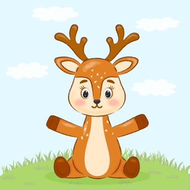 cute deer sits on a green lawn