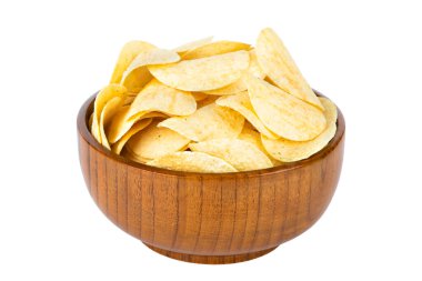 potato chips in wooden brown cup isolated