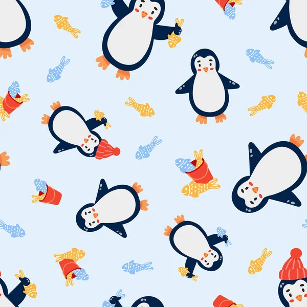 Patrón Sin Costuras Sobre Fondo Azul Pingüinos Con Peces —  Fotos de Stock