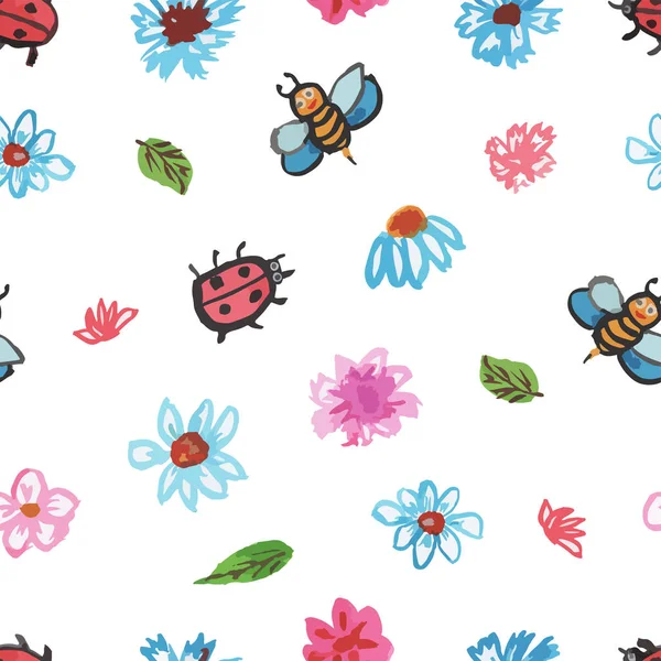 Stock image seamless pattern on white background flowers, ladybug and bee