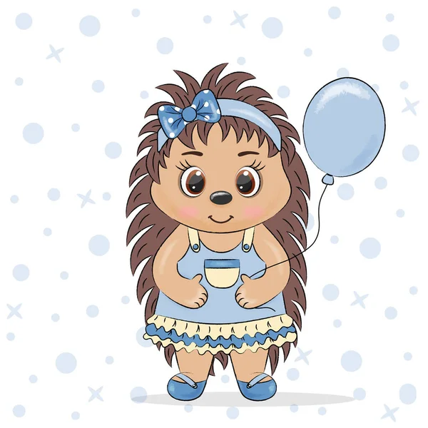 Schattig Egel Meisje Een Blauwe Jurk Met Een Ballon — Stockfoto