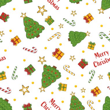 Noel aralıksız desenli cüce, Noel ağacı, hediyeler ve şekerler..