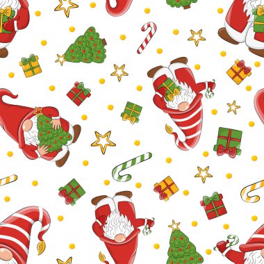 Noel aralıksız desenli cüce, Noel ağacı, hediyeler ve şekerler..