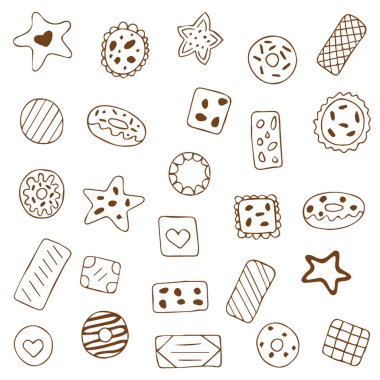 Farklı El Çizimi Kurabiyeler, Vektör illüstrasyonu.