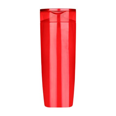 Beyaz arka planda izole edilmiş şampuanlı kırmızı şişe.