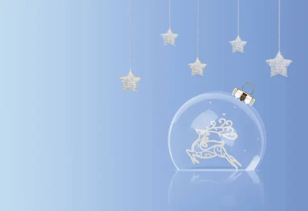 Mavi zemin üzerinde saydam top olan Noel kartı.