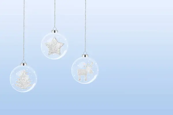 Mavi zemin üzerinde saydam top olan Noel kartı.