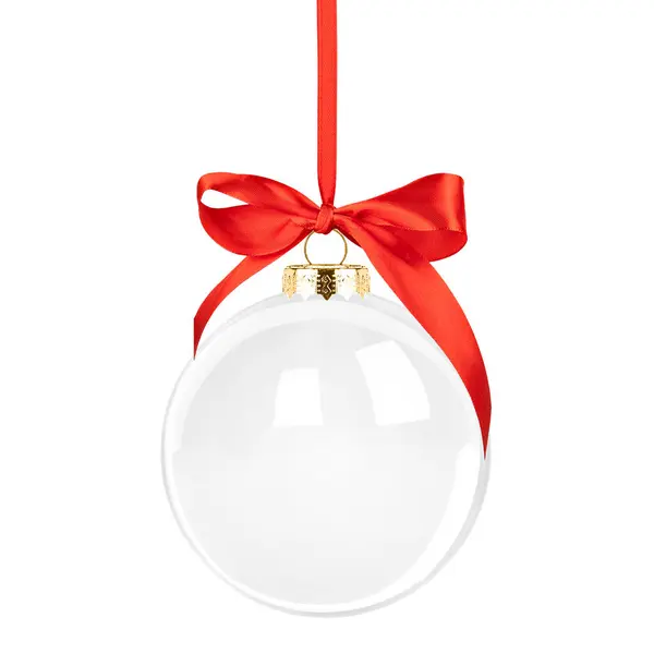 Altın kurdeleli şeffaf cam top ve beyaz arka planda izole edilmiş yay.