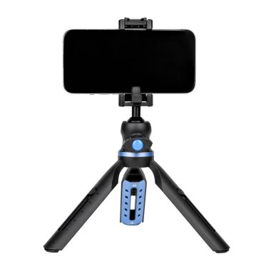 Telefon için siyah tripod beyaz arkaplanda izole.