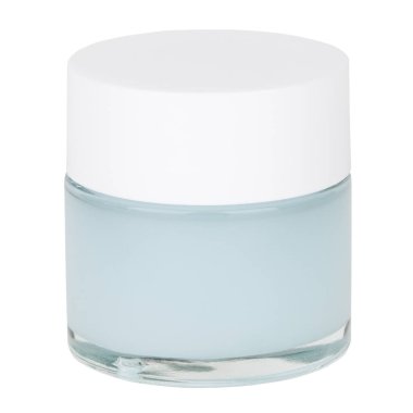 Cam kavanozda mavi yüz kremi, beyaz arka planda beyaz kapaklı..