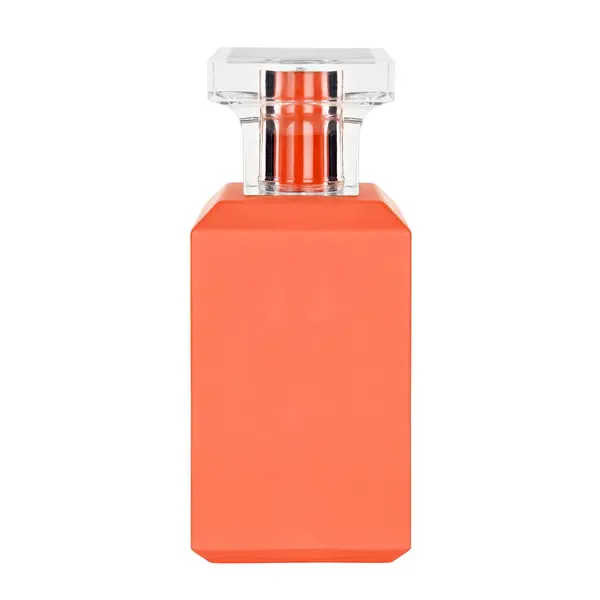 Beyaz arka planda izole edilmiş turuncu parfüm şişesi..