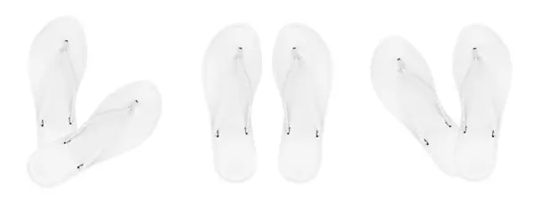 Beyaz kadınların yaz terliklerini beyaz arka planda izole et /