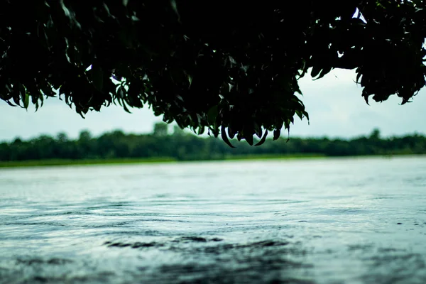 Chmurne Białe Niebieskie Niebo Rzeka Jezioro Pływające Cieniami Drzew Wody — Zdjęcie stockowe
