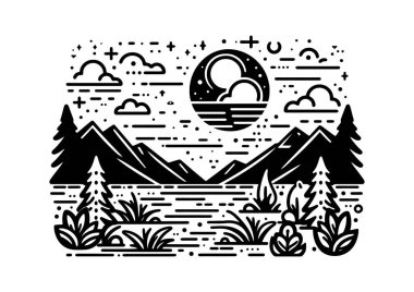 Ağaçlı tepe, su ve bulutlu, ay doğal dış görünüş ikonu, siyah ve beyaz vektör