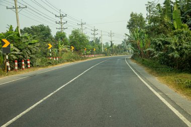 Yeşil ağaçlarla çevrili geniş asfalt bir yol, bu tür yollar büyük araçlar tarafından kullanılır.