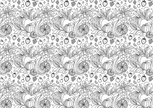 Dekoratif, tekrarlanan vektör çizgisi tasarımında çeşitli meyve ve yapraklarla kusursuz siyah ve beyaz çizgiler. Çeşitli meyveler içerir