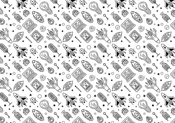 Alan ve teknoloji temalı simgelerle dolu pürüzsüz bir siyah beyaz desen, dijital sanat logoları ve pek çok sembol içeriyor