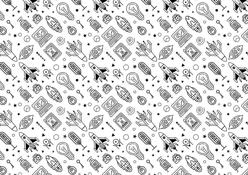Features a seamless black and white pattern filled with space and technology themed icons, includes so digital art logos and many symbols