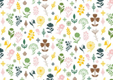 Çiçekler, farklı yapraklı dallar, bir gövde ve küçük yapraklarla temsil edilen küçük ağaçlar gibi renkli botanik elementlerin bir karışımı.