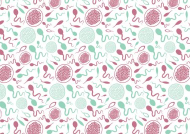 Deri ve kırmızımsı mor renkte, başları ve dalgalı kuyrukları olan, daha küçük hücrelerle doldurulmuş döllenmiş yumurtayı temsil eden dairesel formlarla biçimlendirilmiş spermlerin kusursuz vektör deseni.