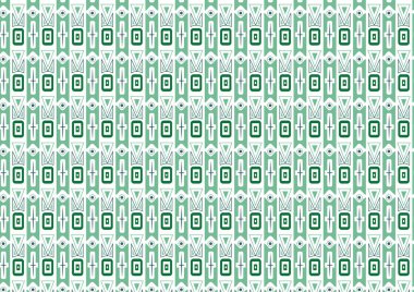 Açık yeşil dikey çizgileri ve geometrik satır, kareler, elmaslar, üçgenler ve göz motifler veya simetrik, kabile esinlenmiş tasarımı olan kusursuz vektör deseni