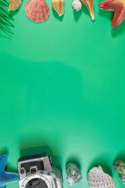 Yeşil arka plandaki plaj aksesuarları. Yaz geliyor konsept. Tatil ve seyahat konsepti. Boşluğu kopyala.
