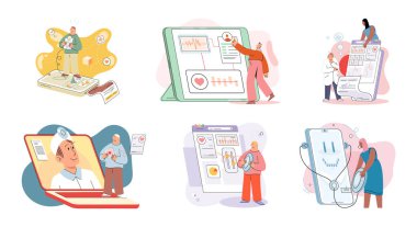 Çevrimiçi tıbbi danışmanlık ve destek metaforu. Çevrimiçi doktor. Sağlık hizmetleri, doktora sorun. Tele tıp e-sağlık servisi. Terapist telefon ekranını arıyor. Hastaların teşhisi