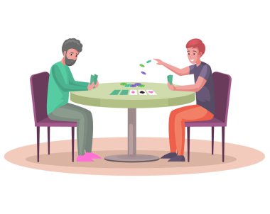 Erkekler masada oturup kart ve çiplerle oynuyorlar. Şans oyunuyla ev aktivitesi ve eğlence. Erkek karakterler pokerle vakit geçirir. Oyun kartları olan arkadaşlar oyun için strateji geliştirirler