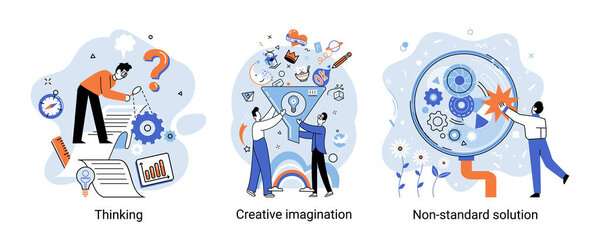 Creative thinking. People with different mental mindset types or model creative. Imaginative logical and structural thinking. MBTI person metaphor. Non standart solution. Brain think people solve idea